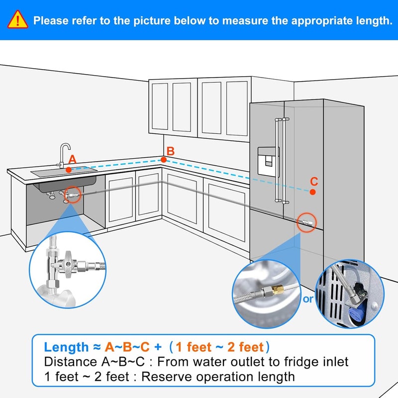 HAO CHEN Fridge Water Line Kit - 25FT Premium Stainless Steel Braided Refrigerator Water Line with Tee Stop Valve,Foodgrade PEX Inner Tube Ice Maker Water Line with 1/4" Fittings for Refrigerator Ice Maker - Image 3